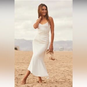 Lulus Strictly Romance White Satin Asymmetrical Tiered Midi Dress.
